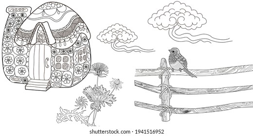 Art therapy coloring page. Colouring pictures with house. Linear engraved art. Romantic concept. Antistress freehand sketch drawing with doodle and zentangle elements.