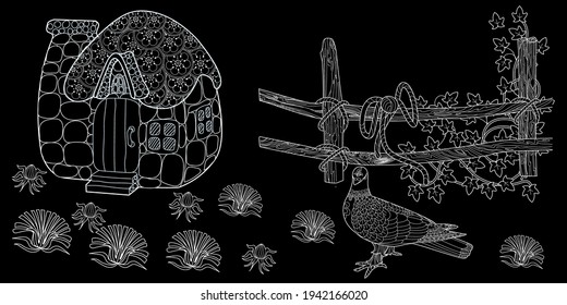 Art therapy coloring page. Colouring pictures with house. Linear engraved art. Romantic concept. Antistress freehand sketch drawing with doodle and zentangle elements.