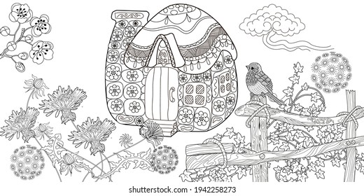 Art therapy coloring page. Colouring pictures with house. Linear engraved art. Romantic concept. Antistress freehand sketch drawing with doodle and zentangle elements.