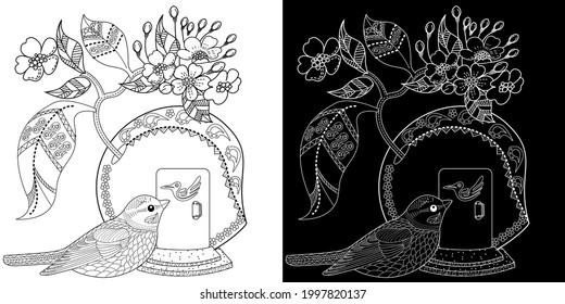 Art therapy coloring page. Colouring pictures with house and birds. Antistress freehand sketch drawing with doodle and zentangle elements.