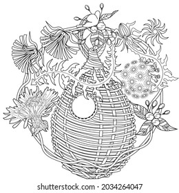 Art therapy coloring page. Colouring pictures with cute bird house. Antistress freehand sketch drawing with doodle and zentangle elements.