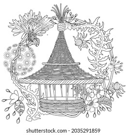 Art therapy coloring page. Colouring pictures with cute bird house. Antistress freehand sketch drawing with doodle and zentangle elements.