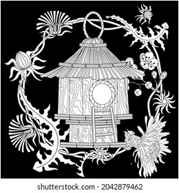 Art therapy coloring page. Colouring pictures with cute bird house. Antistress freehand sketch drawing with doodle and zentangle elements.