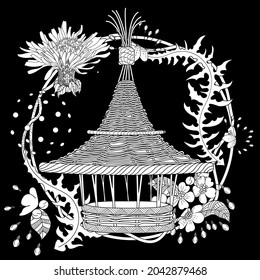 Art therapy coloring page. Colouring pictures with cute bird house. Antistress freehand sketch drawing with doodle and zentangle elements.