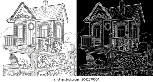 Art therapy coloring page. Colouring pictures with house. Linear engraved art. Romantic concept. Antistress freehand sketch drawing with doodle and zentangle elements.