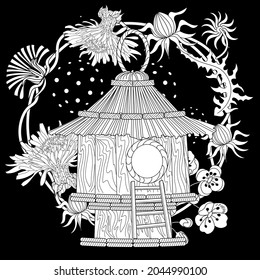 Art therapy coloring page. Colouring pictures with cute bird house. Antistress freehand sketch drawing with doodle and zentangle elements.