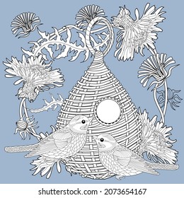 Art therapy coloring page. Colouring pictures with cute bird house. Antistress freehand sketch drawing with doodle and zentangle elements.