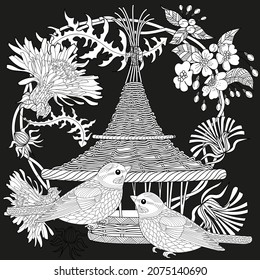 Art therapy coloring page. Colouring pictures with cute bird house. Antistress freehand sketch drawing with doodle and zentangle elements.