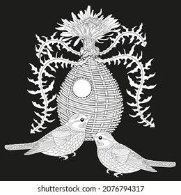 Art therapy coloring page. Colouring pictures with cute bird house. Antistress freehand sketch drawing with doodle and zentangle elements.