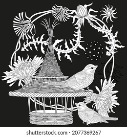 Art therapy coloring page. Colouring pictures with cute bird house. Antistress freehand sketch drawing with doodle and zentangle elements.