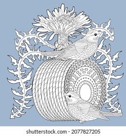Art therapy coloring page. Colouring pictures with cute bird house. Antistress freehand sketch drawing with doodle and zentangle elements.