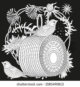 Art therapy coloring page. Colouring pictures with cute bird house. Antistress freehand sketch drawing with doodle and zentangle elements.