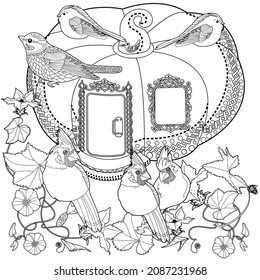 Art therapy coloring page. Colouring pictures with cute bird house. Antistress freehand sketch drawing with doodle and zentangle elements.