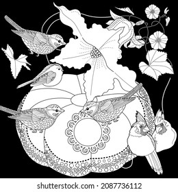Art therapy coloring page. Colouring pictures with cute bird house. Antistress freehand sketch drawing with doodle and zentangle elements.