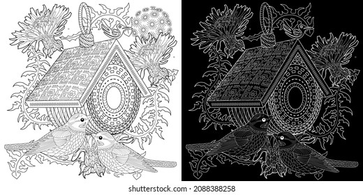 Art therapy coloring page. Colouring pictures with cute bird house. Antistress freehand sketch drawing with doodle and zentangle elements.