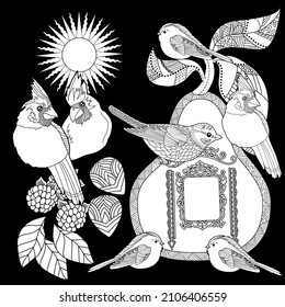 Art therapy coloring page. Colouring pictures with cute bird house. Antistress freehand sketch drawing with doodle and zentangle elements.