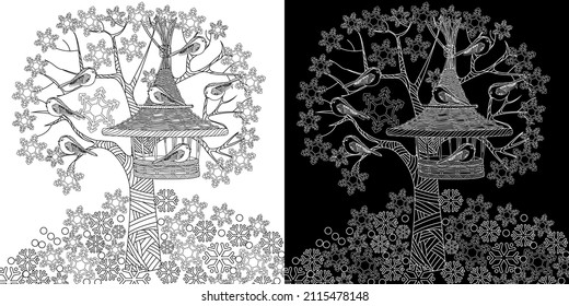 Art therapy coloring page. Colouring pictures with cute bird house. Antistress freehand sketch drawing with doodle and zentangle elements.