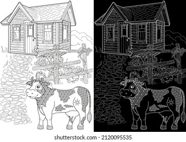 Art therapy coloring page. Colouring pictures country house and cow. Linear engraved art. Romantic concept. Antistress freehand sketch drawing with doodle and zentangle elements.