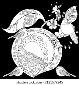 Art therapy coloring page. Colouring pictures with cute bird house. Antistress freehand sketch drawing with doodle and zentangle elements.
