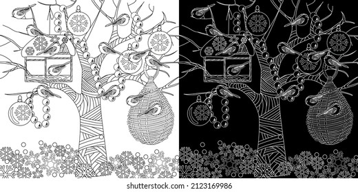 Página de coloreo de la terapia artística. Colorando fotos con una bonita casa de pájaros. Dibujo de boceto a mano alzada antiestrés con elementos doodle y zentangle.
