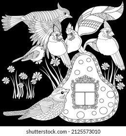 Art therapy coloring page. Colouring pictures with cute bird house. Antistress freehand sketch drawing with doodle and zentangle elements.
