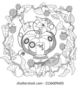 Art therapy coloring page. Colouring pictures with cute bird house. Antistress freehand sketch drawing with doodle and zentangle elements.
