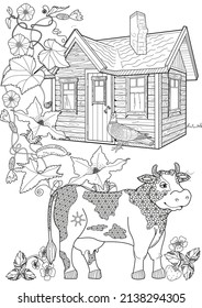 Art therapy coloring page. Colouring pictures country house and cow. Linear engraved art. Romantic concept. Antistress freehand sketch drawing with doodle and zentangle elements.
