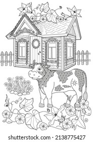 Art therapy coloring page. Colouring pictures country house and cow. Linear engraved art. Romantic concept. Antistress freehand sketch drawing with doodle and zentangle elements.
