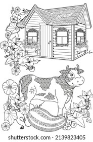 Art therapy coloring page. Colouring pictures country house and cow. Linear engraved art. Romantic concept. Antistress freehand sketch drawing with doodle and zentangle elements.
