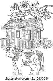 Art therapy coloring page. Colouring pictures country house and cow. Linear engraved art. Romantic concept. Antistress freehand sketch drawing with doodle and zentangle elements.

