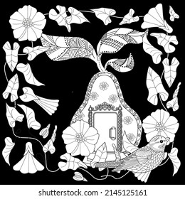 Art therapy coloring page. Colouring pictures with cute bird house. Antistress freehand sketch drawing with doodle and zentangle elements.