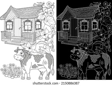 Art therapy coloring page. Colouring pictures country house and cow. Linear engraved art. Romantic concept. Antistress freehand sketch drawing with doodle and zentangle elements.
