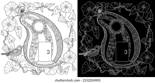 Página de coloreo de la terapia artística. Colorando fotos con una bonita casa de pájaros. Dibujo de boceto a mano alzada antiestrés con elementos doodle y zentangle.
