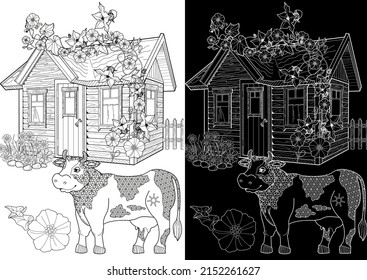Art therapy coloring page. Colouring pictures country house and cow. Linear engraved art. Romantic concept. Antistress freehand sketch drawing with doodle and zentangle elements.
