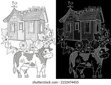 Art therapy coloring page. Colouring pictures country house and cow. Linear engraved art. Romantic concept. Antistress freehand sketch drawing with doodle and zentangle elements.
