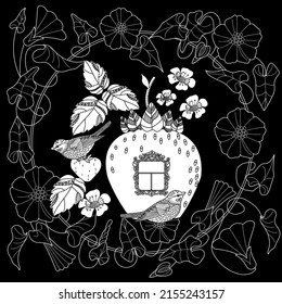 Art therapy coloring page. Colouring pictures with cute bird house. Antistress freehand sketch drawing with doodle and zentangle elements.
