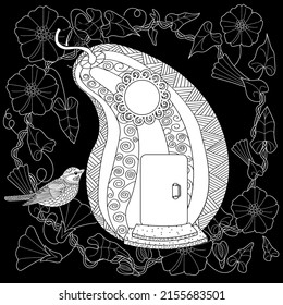 Art therapy coloring page. Colouring pictures with cute bird house. Antistress freehand sketch drawing with doodle and zentangle elements.
