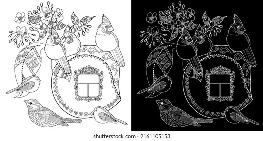 Art therapy coloring page. Colouring pictures with cute bird house. Antistress freehand sketch drawing with doodle and zentangle elements.
