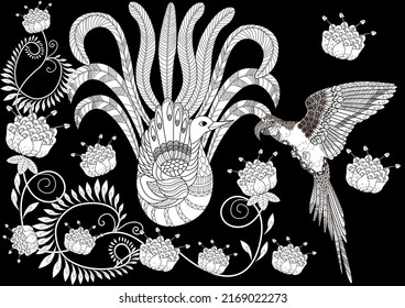 Art therapy coloring page. Colouring pictures with birds. Linear engraving art. Antistress freehand sketch drawing with doodle and zentangle elements.