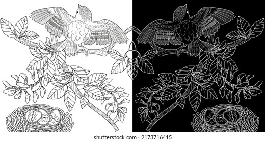 Art therapy coloring page. Colouring pictures for adults and children. Linear vector drawing from the Birds and Flowers series. Antistress freehand sketch drawing 