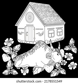 Art therapy coloring page. Colouring pictures country house and bull. Linear engraved art. Romantic concept. Antistress freehand sketch drawing with doodle and zentangle elements.
