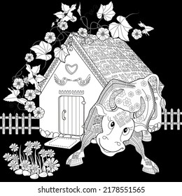 Art therapy coloring page. Colouring pictures country house and bull. Linear engraved art. Romantic concept. Antistress freehand sketch drawing with doodle and zentangle elements.
