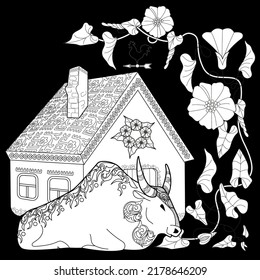 Art therapy coloring page. Colouring pictures country house and bull. Linear engraved art. Romantic concept. Antistress freehand sketch drawing with doodle and zentangle elements.

