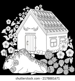 Art therapy coloring page. Colouring pictures country house and bull. Linear engraved art. Romantic concept. Antistress freehand sketch drawing with doodle and zentangle elements.

