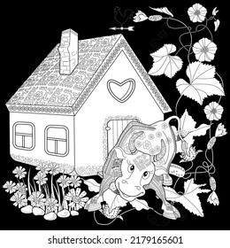 Art therapy coloring page. Colouring pictures country house and bull. Linear engraved art. Romantic concept. Antistress freehand sketch drawing with doodle and zentangle elements.
