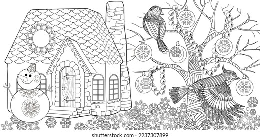 Art therapy coloring page. Colouring pictures with Cute Village House in Winter. Coloring books make you feel better. Coloring drawings is an effective art therapy practice