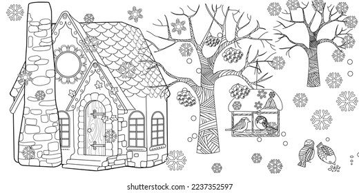 Art therapy coloring page. Colouring pictures with Cute Village House in Winter. Coloring books make you feel better. Coloring drawings is an effective art therapy practice