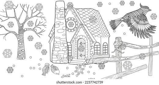 Art therapy coloring page. Colouring pictures with Cute Village House in Winter. Coloring books make you feel better. Coloring drawings is an effective art therapy practice