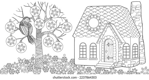 Art therapy coloring page. Colouring pictures with Cute Village House in Winter. Coloring books make you feel better. Coloring drawings is an effective art therapy practice