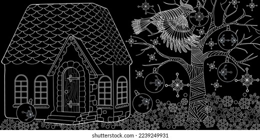 Art therapy coloring page. Colouring pictures with Cute Village House in Winter. Coloring books make you feel better. Coloring drawings is an effective art therapy practice
